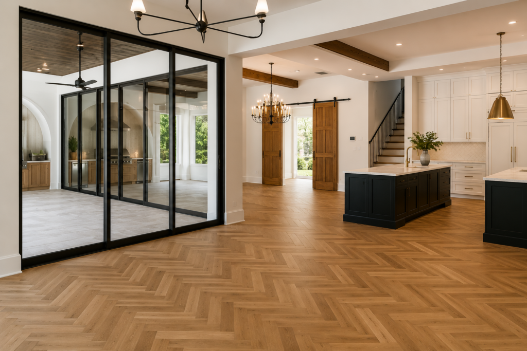 Great room with herringbone wood floors, exposed beams, black steel sliding doors, and an open kitchen beyond