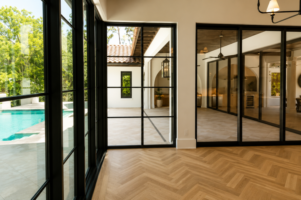 Corner of black steel windows and doors looking out to the pool and a covered loggia