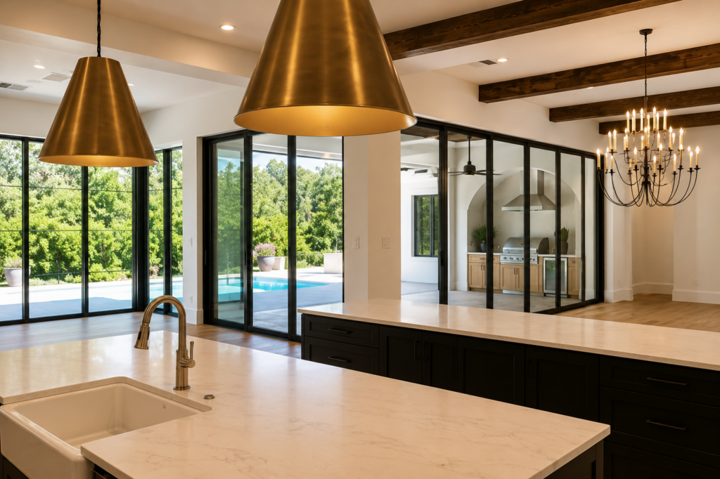 Kitchen island with an integrated sink, brass pendants, and steel doors opening toward the pool