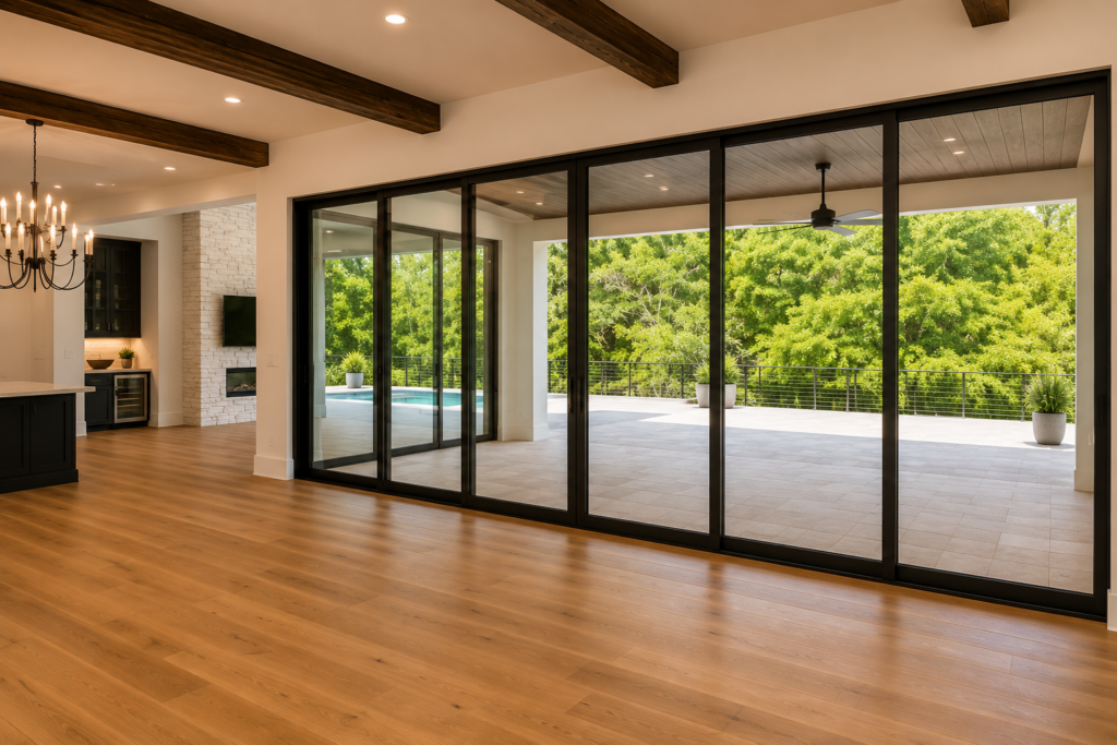 Living area with exposed beams and a full wall of black steel sliders opening to the covered terrace