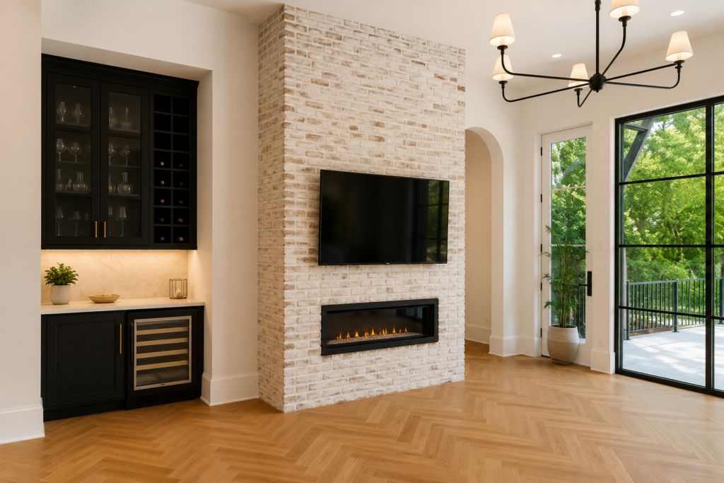 Wet bar with black cabinetry and a wine refrigerator beside a whitewashed brick fireplace wall