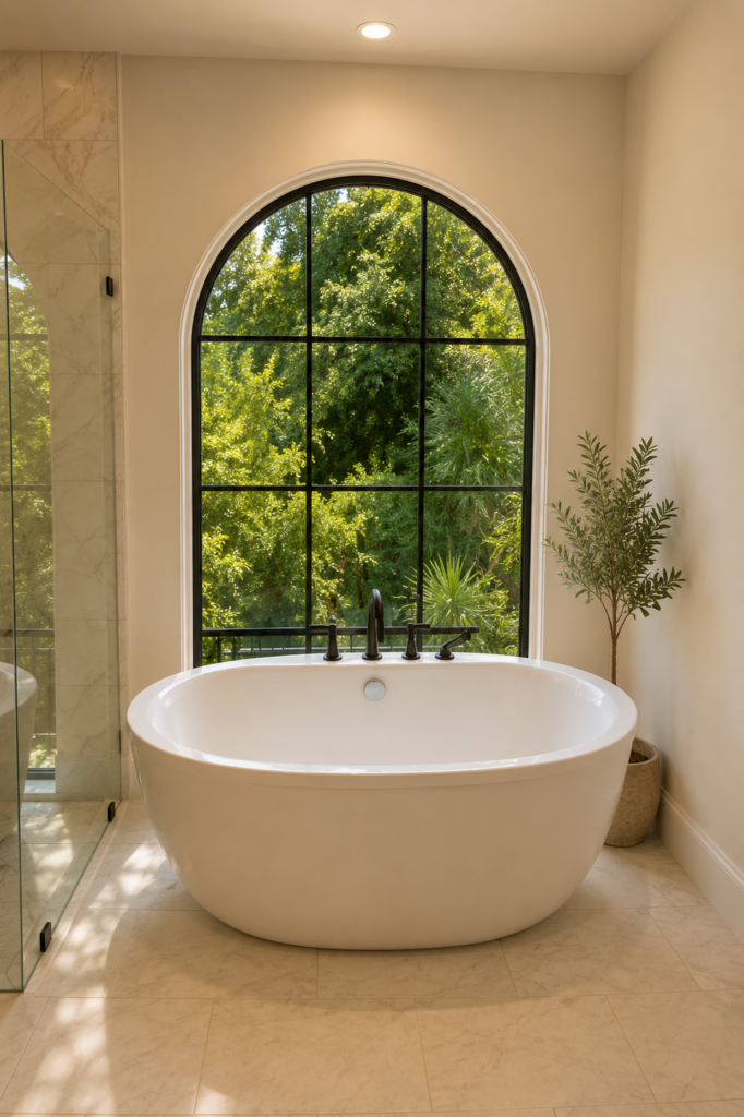 Freestanding soaking tub beneath an arched black steel window, with a marble shower alongside and stone tile floors