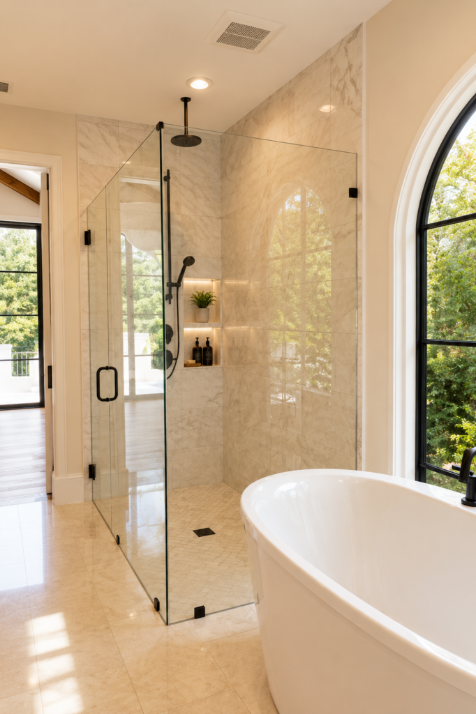 Primary bathroom with a marble shower, freestanding tub, and an arched steel window