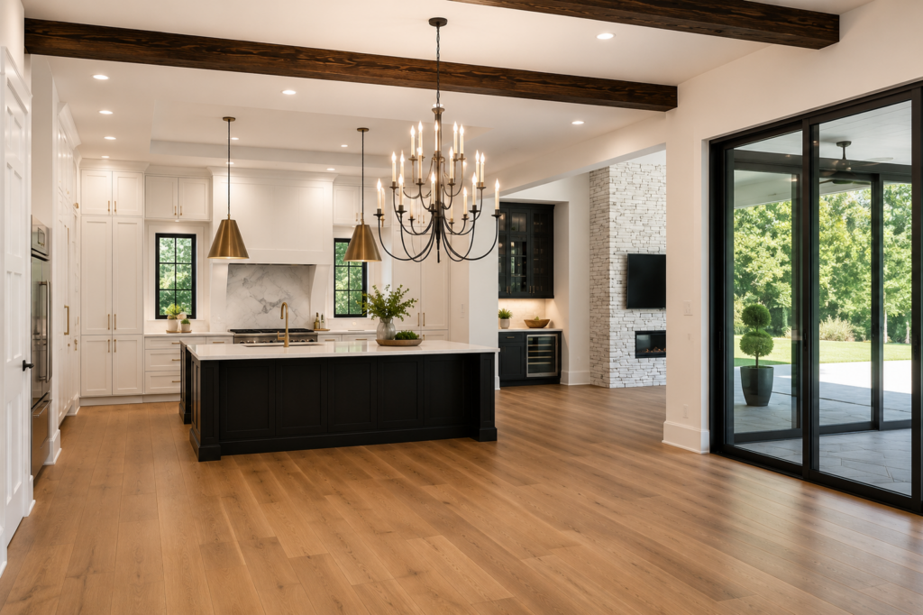 Kitchen with a black island, marble backsplash, brass pendants, and an exposed beam ceiling, open to the living area