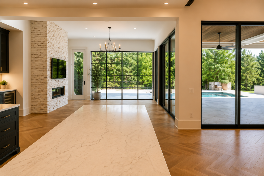 Kitchen island in white marble running toward a wall of black steel doors and the pool terrace beyond