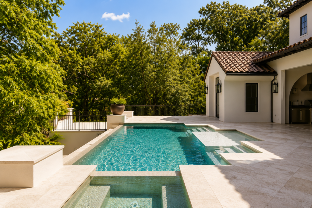 Pool with a raised spa and sun shelf, framed by a covered loggia and a clay tile roofline