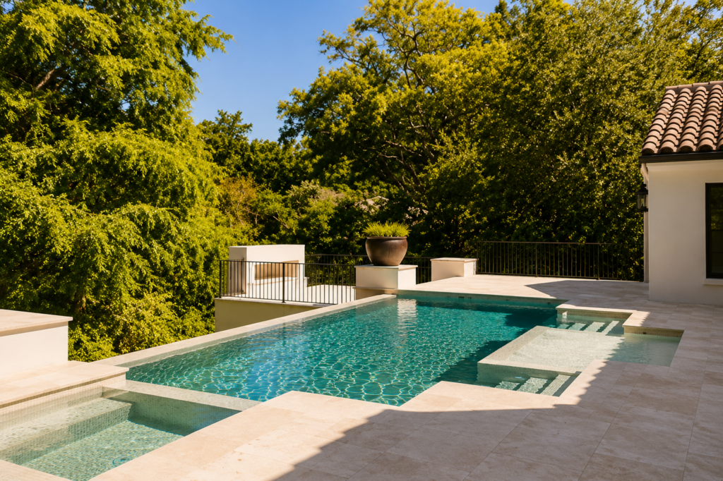 Pool and travertine deck looking out over the treeline from a raised terrace