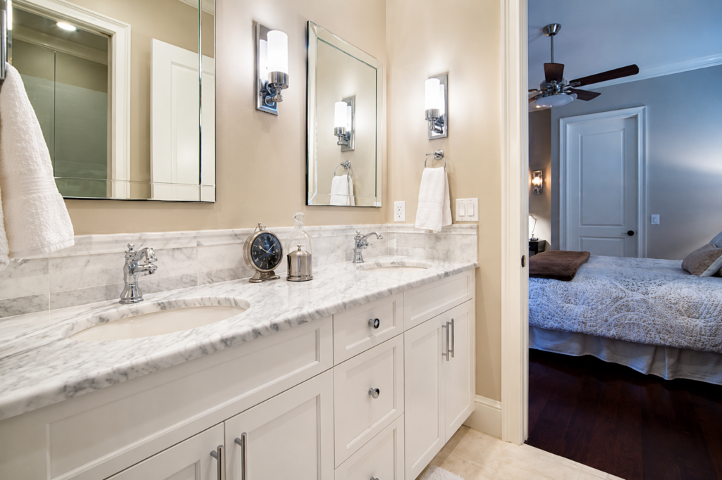 Primary bathroom in a French Chateau custom home in Winter Park, Florida