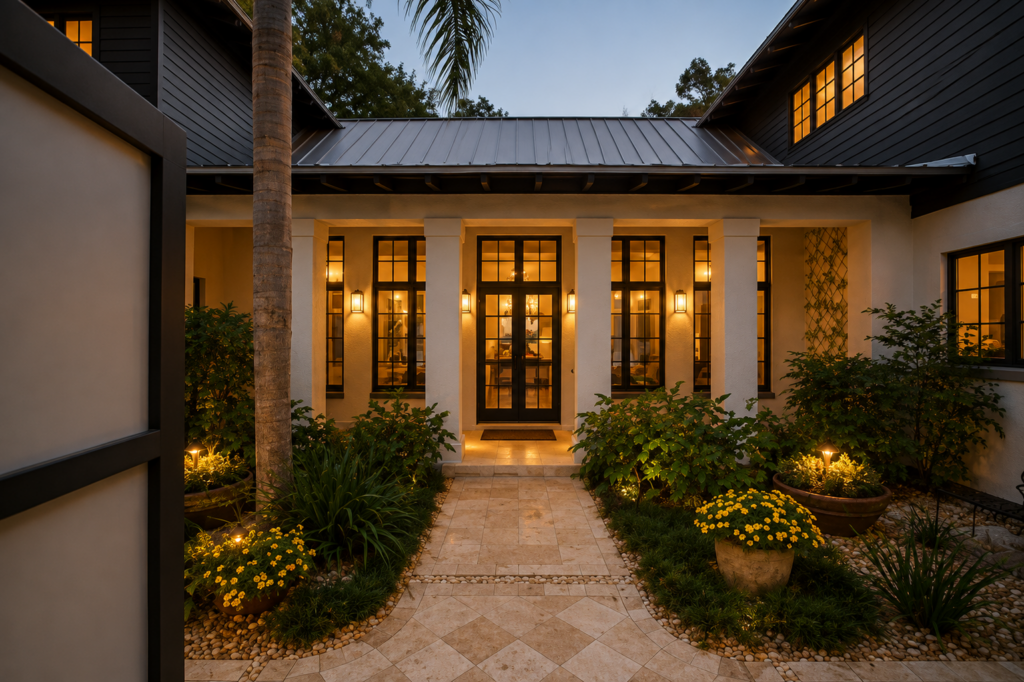 Front entry at dusk with columns, travertine paving with a pebble inset, and black French doors under a transom