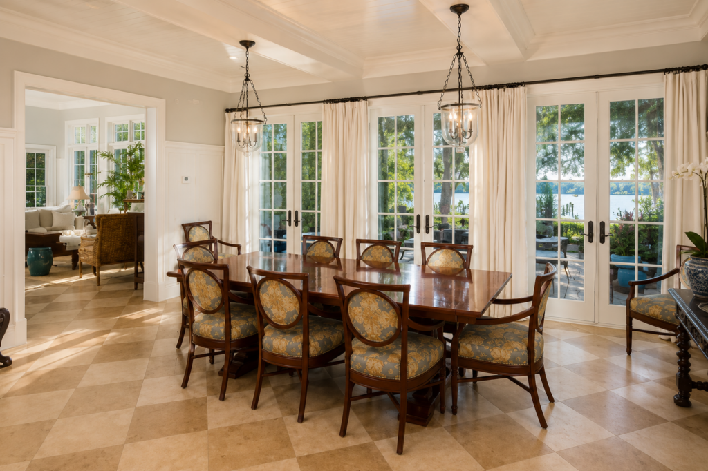 Dining room with a coffered ceiling, iron lantern pendants, checkerboard travertine floors, and French doors opening to the lake