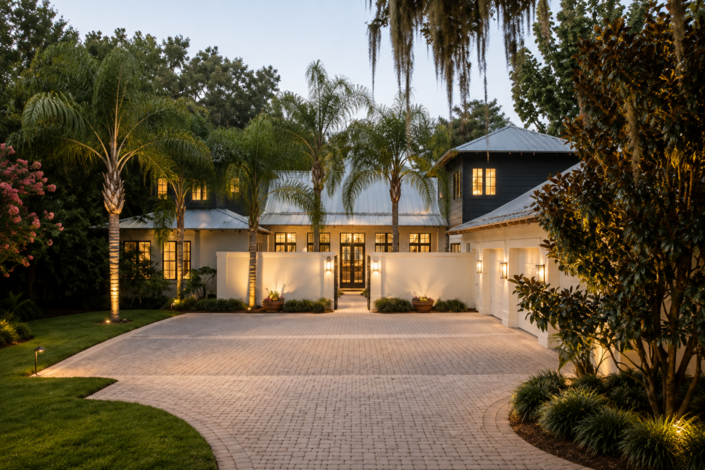 Brick paver motor court at dusk with palms, moss-draped oaks, and landscape lighting along the courtyard wall