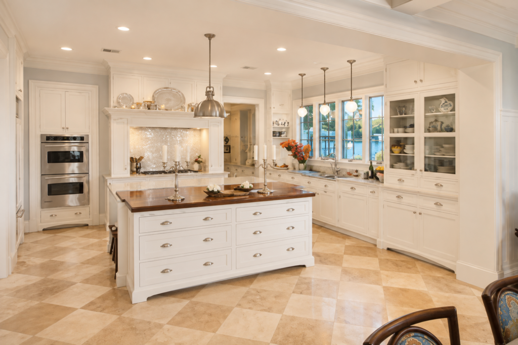 Kitchen with white cabinetry, a dark wood island top, glass-front upper cabinets, and a lake view past the sink