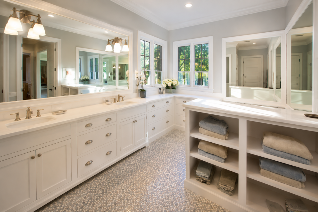 Primary bathroom with a long double vanity, mirrored wall, open towel shelving, and a mosaic tile floor inset