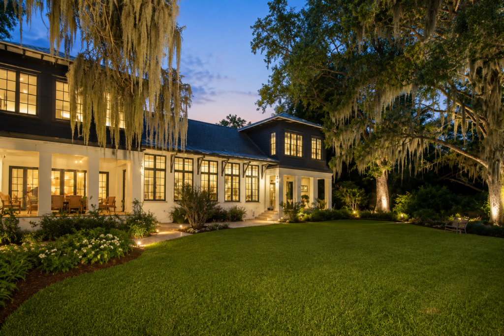Rear elevation at dusk with a standing seam metal roof, a wrapping covered porch, and a live oak draped in Spanish moss over the lawn