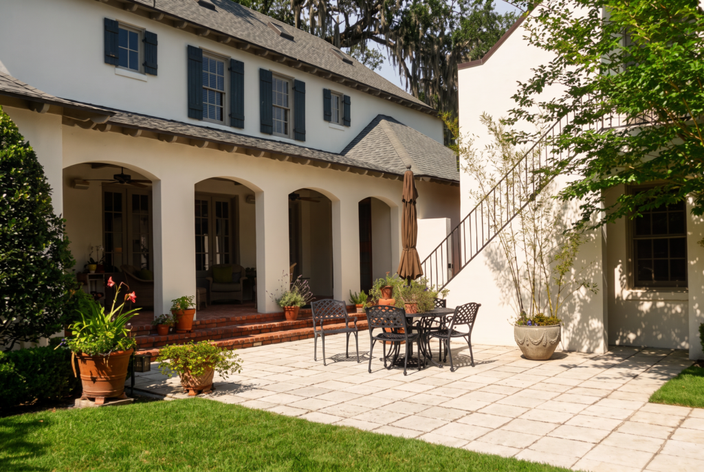 Side courtyard with an arcaded loggia, exterior stair with an iron rail, and a paved terrace with potted plantings
