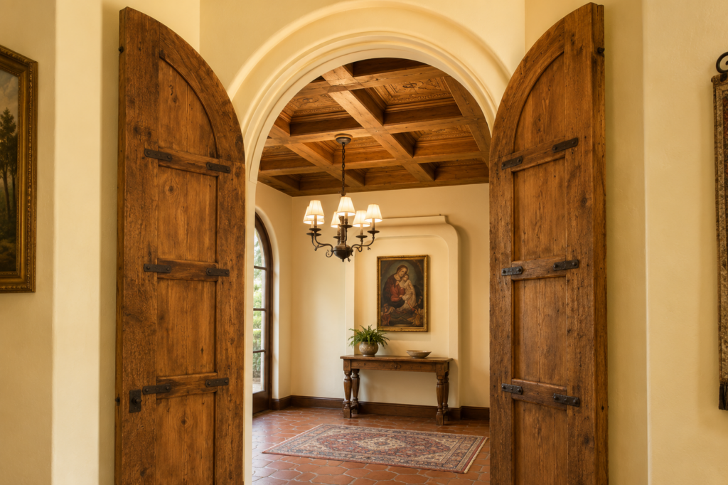 Paired arched wood doors with iron strap hinges opening to a foyer with a coffered wood ceiling and terracotta floor