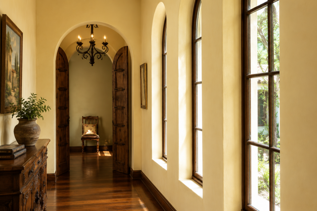 Hall with a barrel-arched opening, iron chandelier, and tall arched windows on a plaster wall