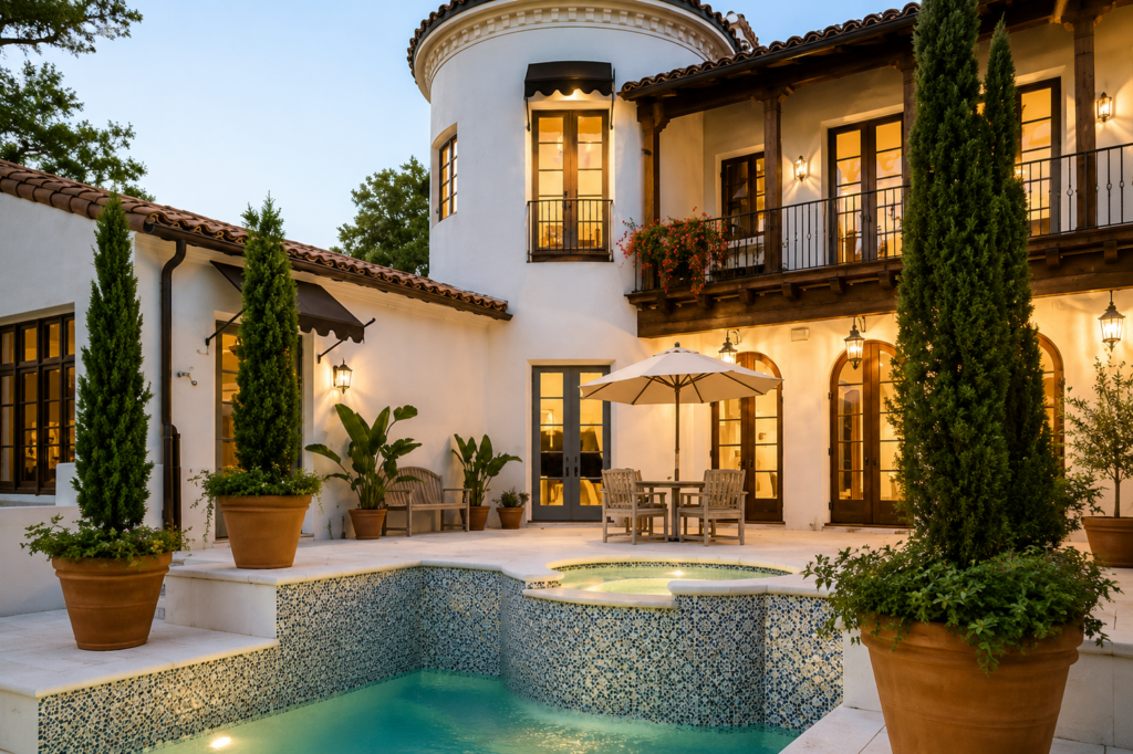 Rear elevation at dusk with a two-story turret, clay tile roof, iron balconies, and a pool tiled in blue and white Talavera