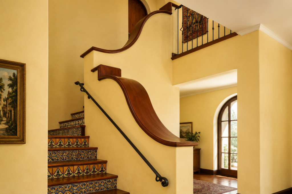 Staircase with hand-painted Talavera tile risers, a carved wood volute handrail, and an iron rail above