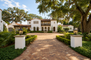 Entry drive of herringbone brick pavers between stucco piers with gas lanterns, leading to a Spanish Eclectic home under live oaks