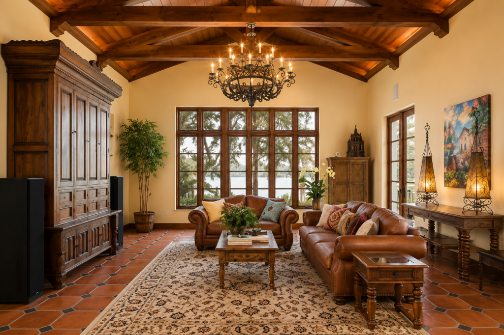 Living room with a vaulted timber ceiling, iron chandelier, terracotta tile floor, and a window wall facing the lake