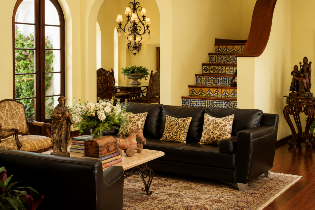 Sitting room with arched French doors, a chandelier, and the tiled staircase rising past it