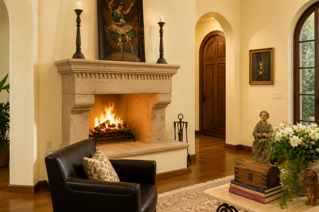Fireplace with a carved cast stone surround and hearth, set into a plaster wall beneath a barrel-arched ceiling