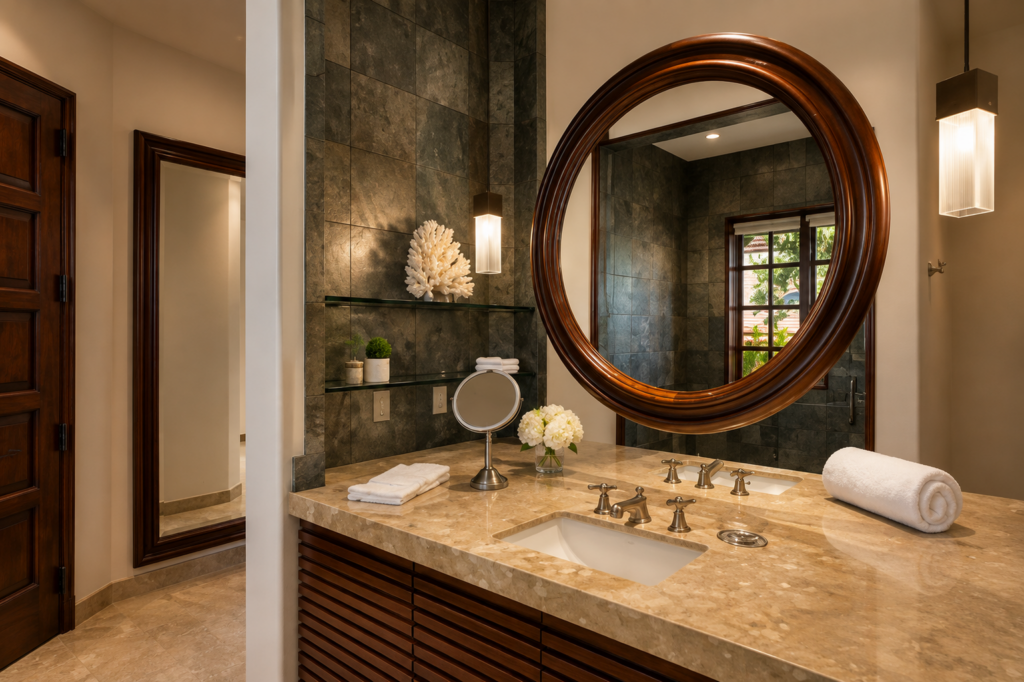 Powder room with a stone accent wall, stone counter, and a round wood-framed mirror