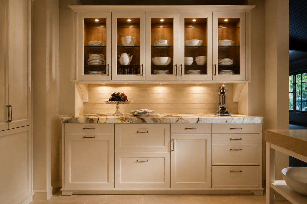 Butler's pantry with glass-front cabinetry, marble counters, and a prep sink