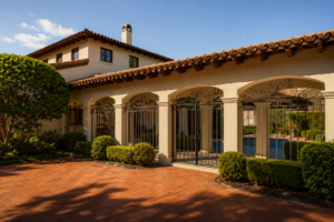 Arcade of arches with wrought iron gates along a brick paver terrace, opening to the pool beyond
