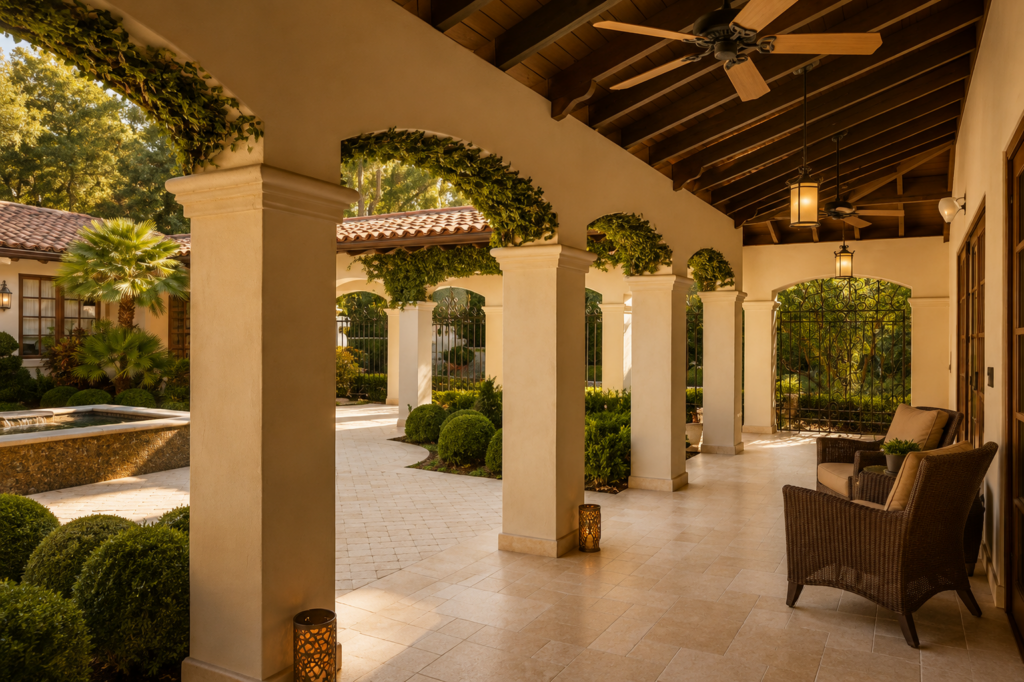 Courtyard loggia with stucco columns, vine-covered arches, an exposed timber ceiling, and a spa beyond