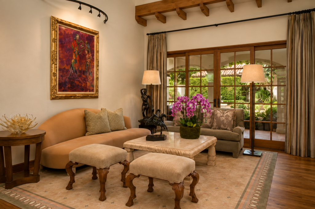 Living room with exposed beams, arched French doors opening to the garden, and a stone coffee table
