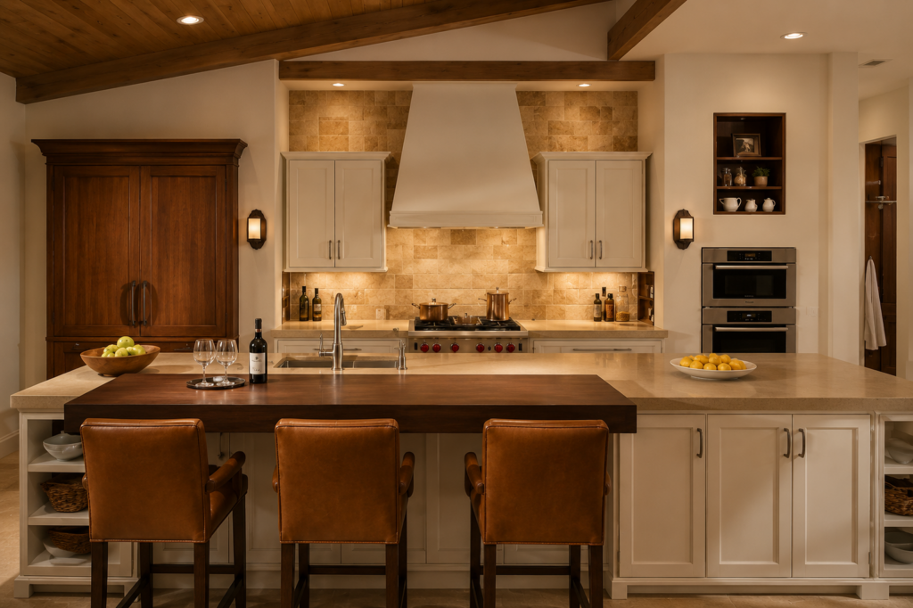 Kitchen with a walnut-topped island, leather bar stools, a plaster hood, and travertine backsplash