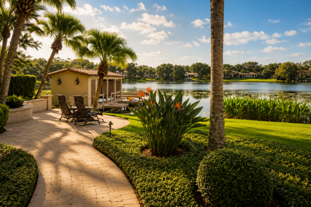 Lakefront patio and boat house with a paver walk running down to the water