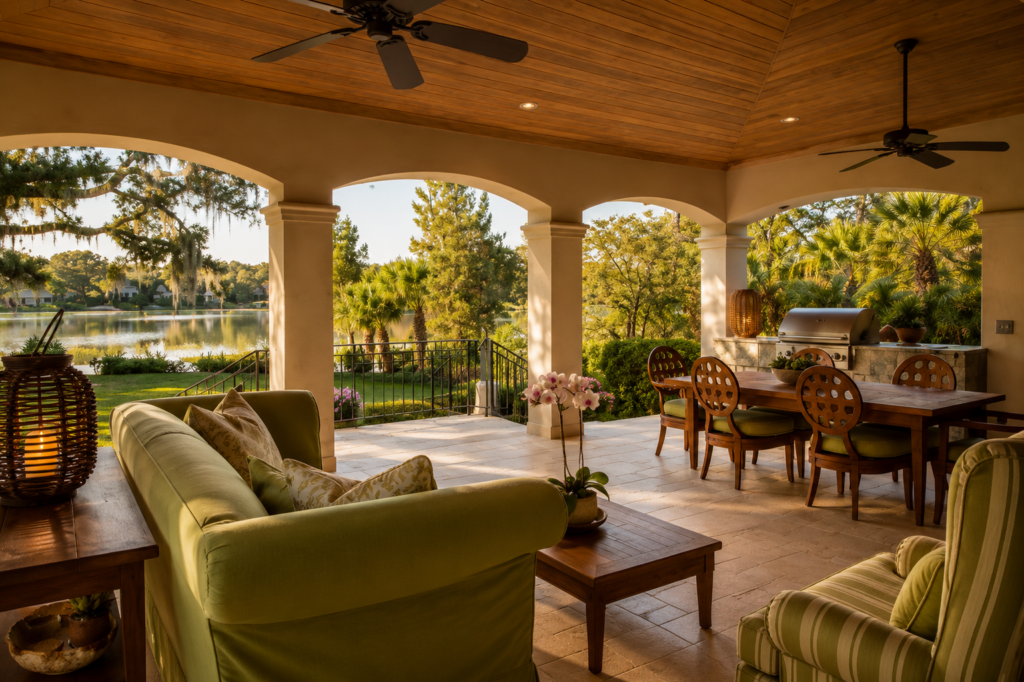 Covered lakefront loggia with a plank ceiling, arched openings, dining area, and outdoor kitchen