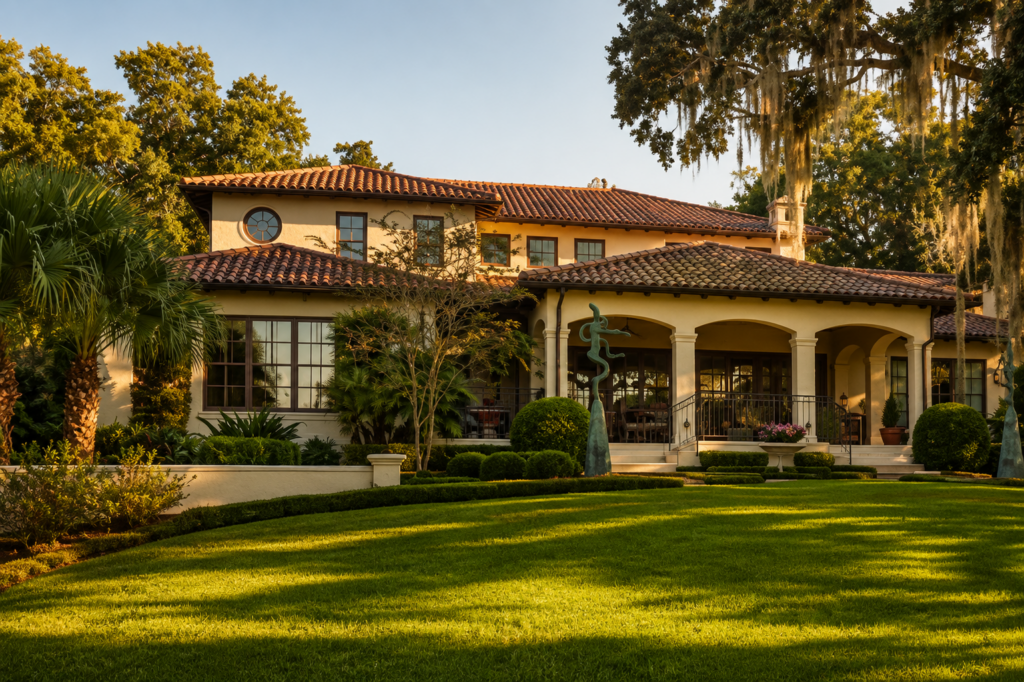 Rear elevation across the lawn, with a clay tile roof, arched loggia, and moss-draped oaks behind